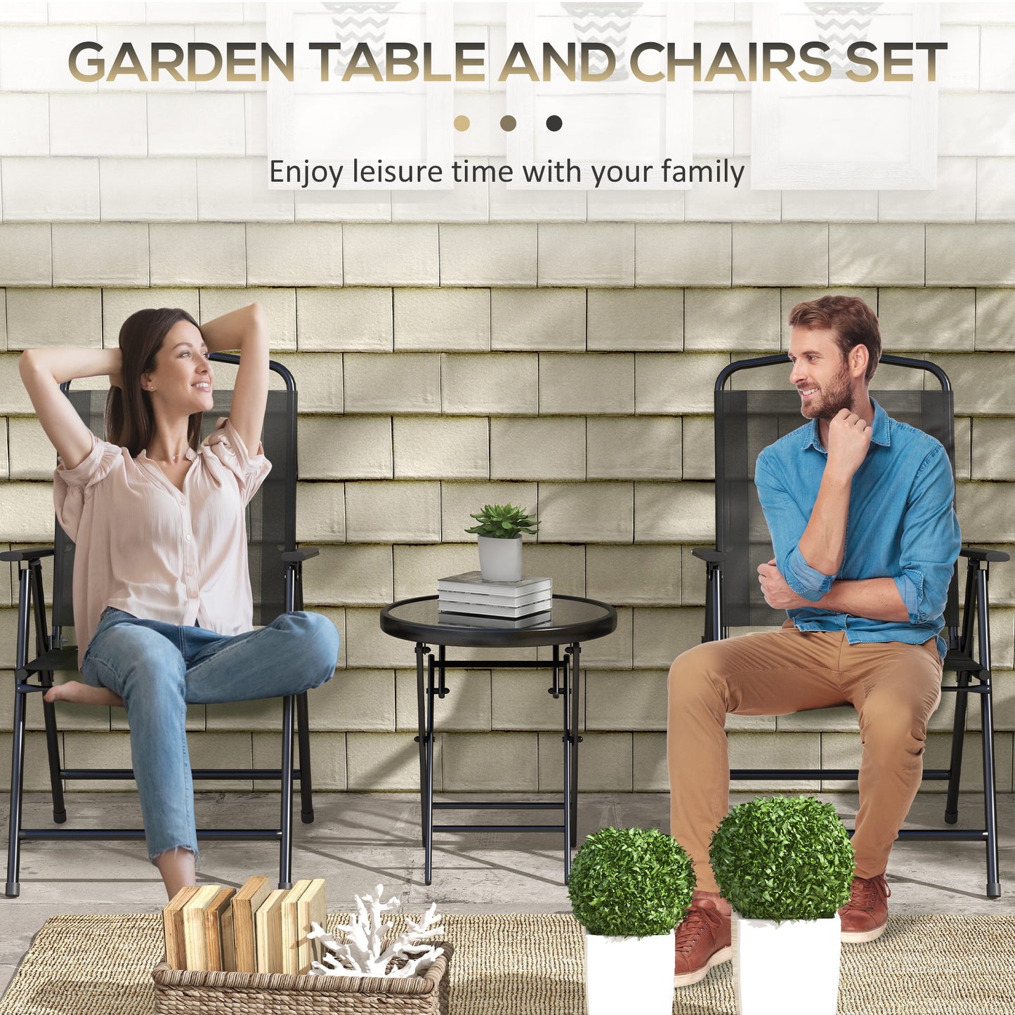 Bistro Set Folding Chairs & Coffee Table for Balcony, Black