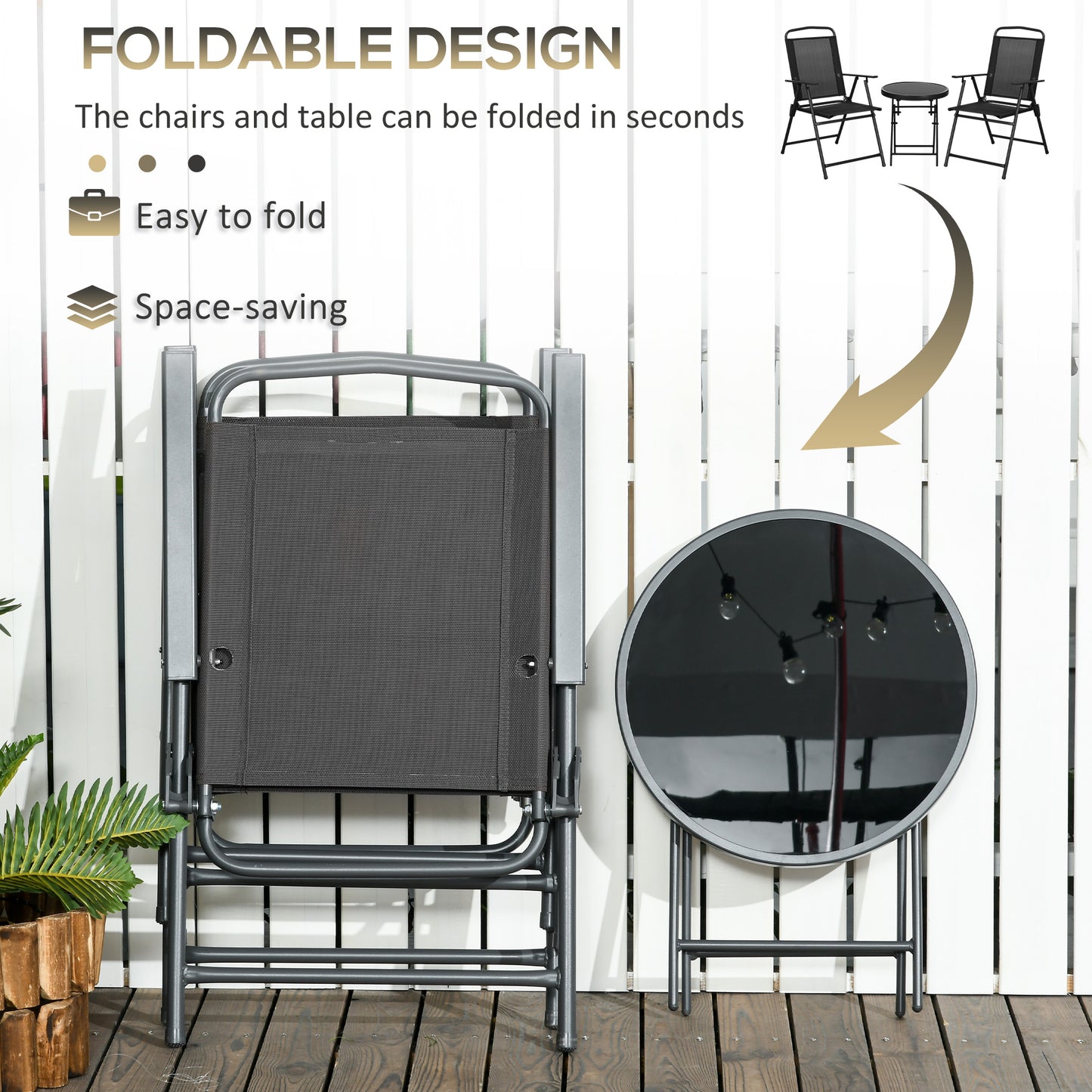 Bistro Set Folding Chairs & Coffee Table for Balcony, Black