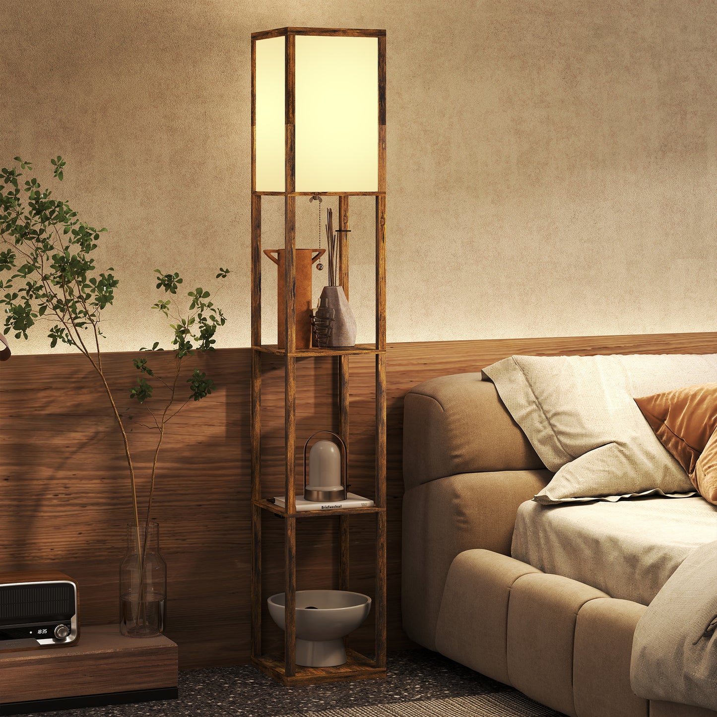 4 Layer Column Standing Lamp with USB Ports, Rustic Brown