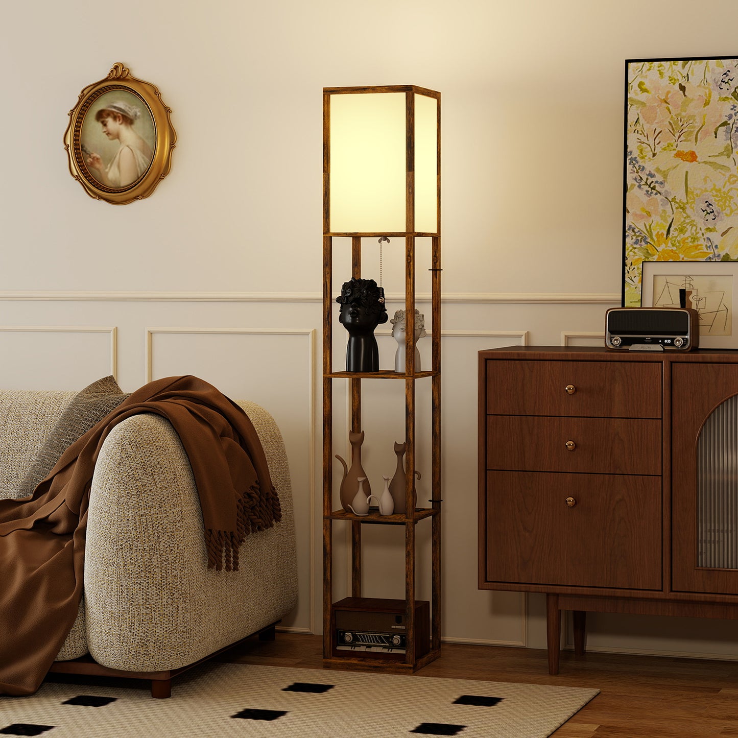4 Layer Column Standing Lamp with USB Ports, Rustic Brown