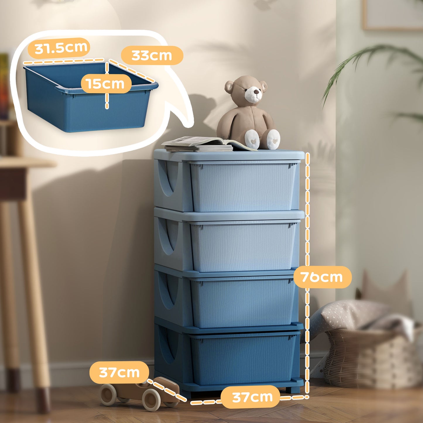 Kids Storage Units with Drawers 4 Tier Chest Dresser Tower Blue
