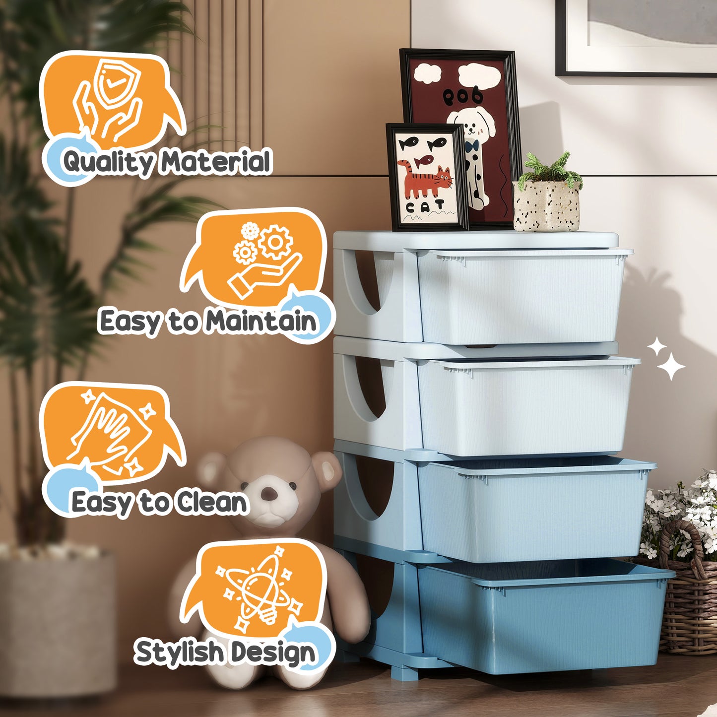 Kids Storage Units with Drawers 4 Tier Chest Dresser Tower Blue
