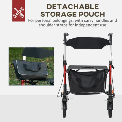 Folding Rollator Walker Frame with Seat and Backrest, Lightweight Frame with Storage bag & dual brakes - Red