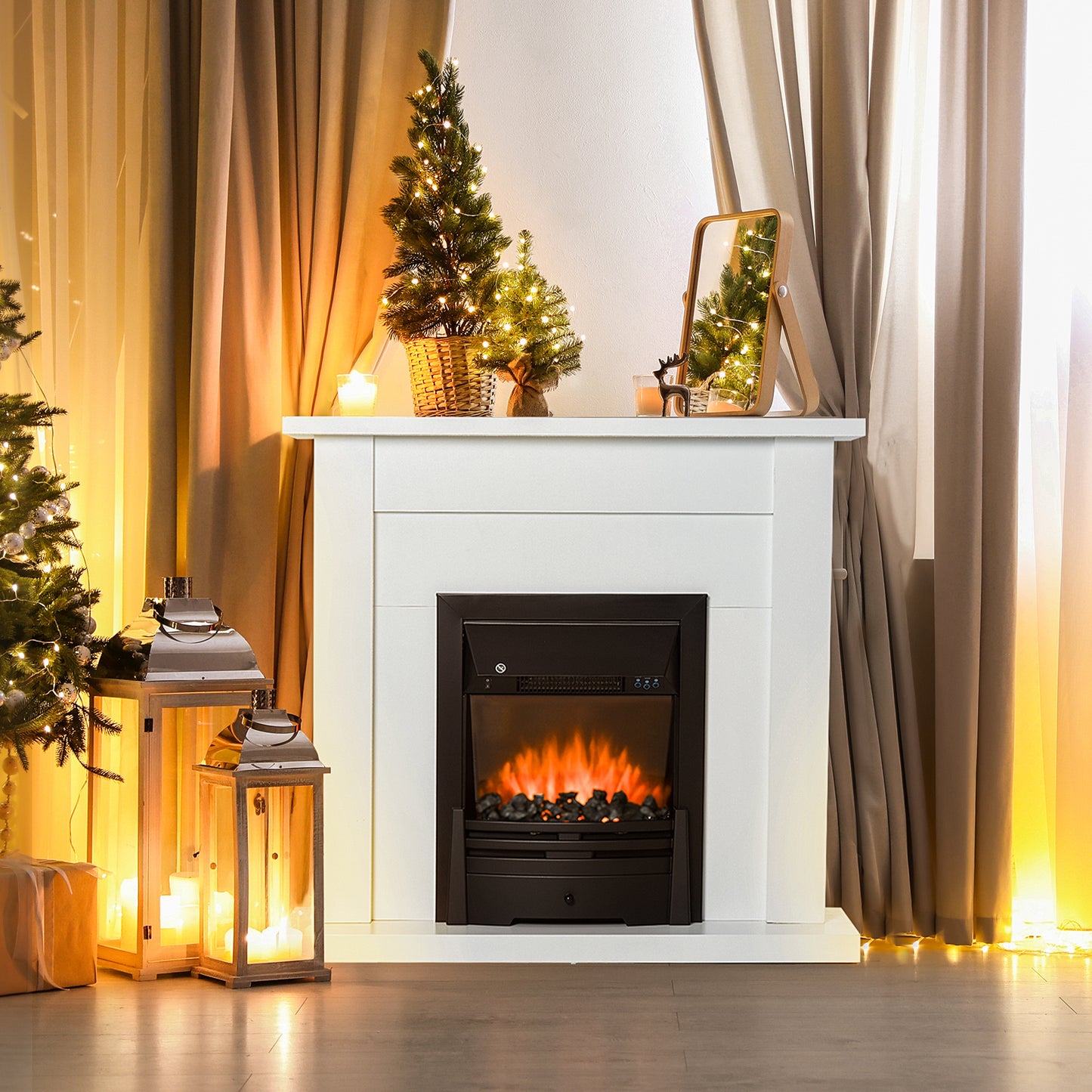 Electric Fire & Mantelpiece w/ LED Flames Remote Timer