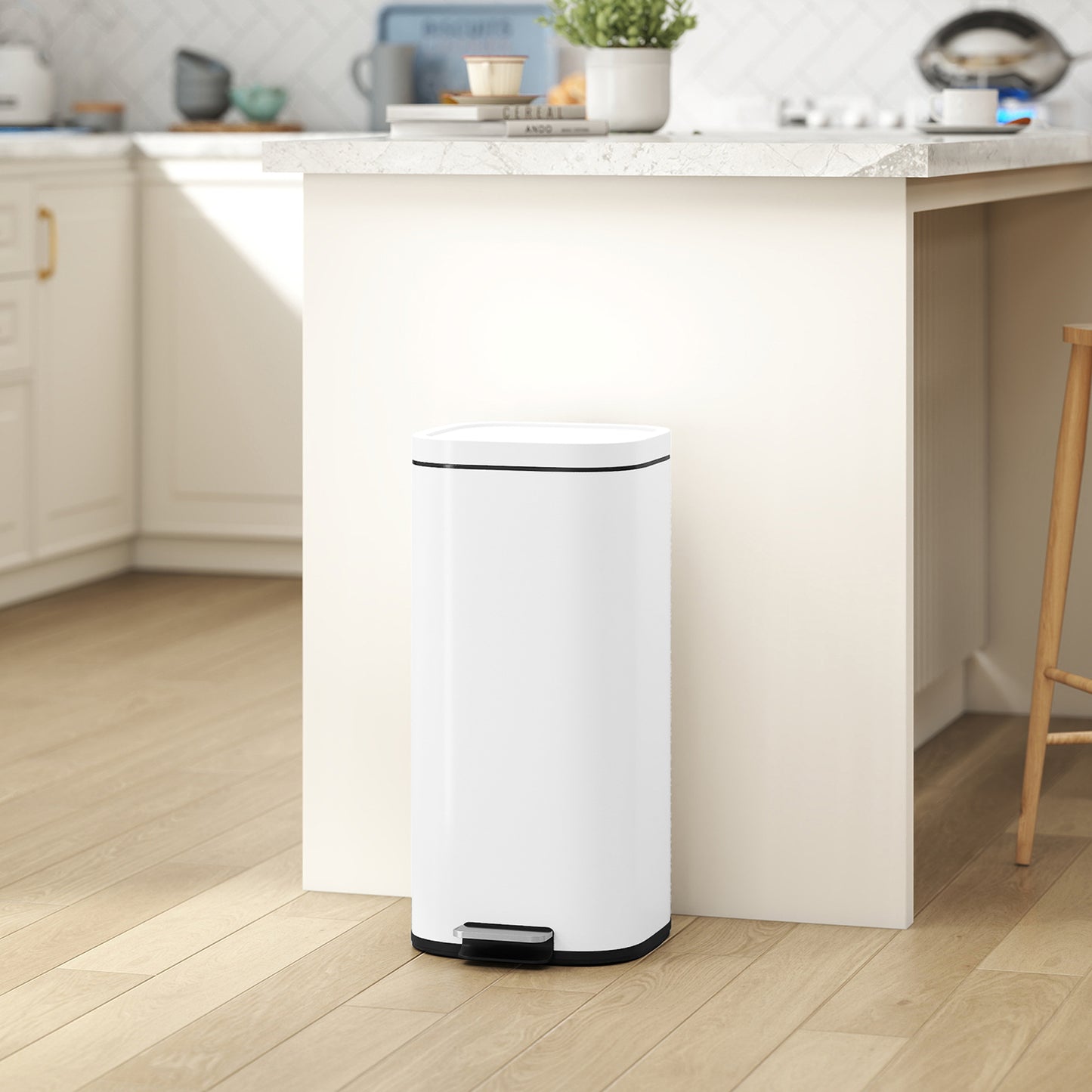 30L Kitchen Bin, Pedal Bin with Lid, Removable Inner Bucket, White