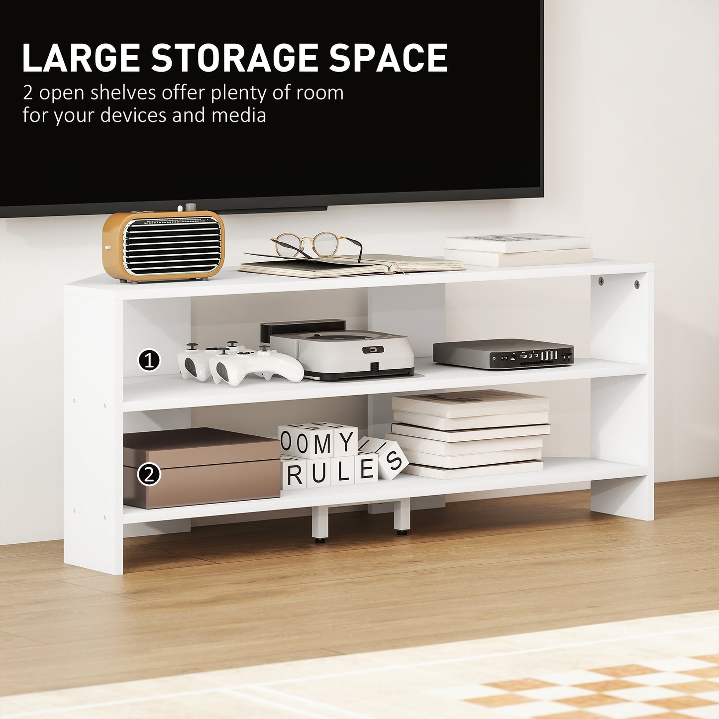 Corner TV Stand, TV Unit with Open Shelves for 47 Inch TV, White