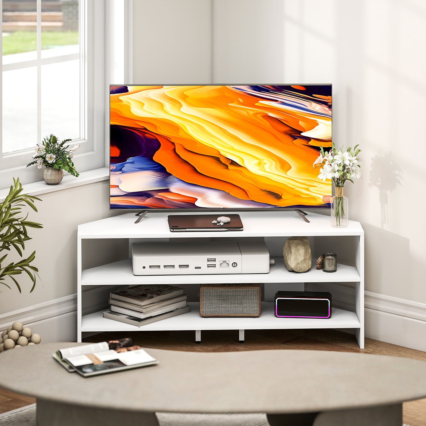 Corner TV Stand, TV Unit with Open Shelves for 47 Inch TV, White