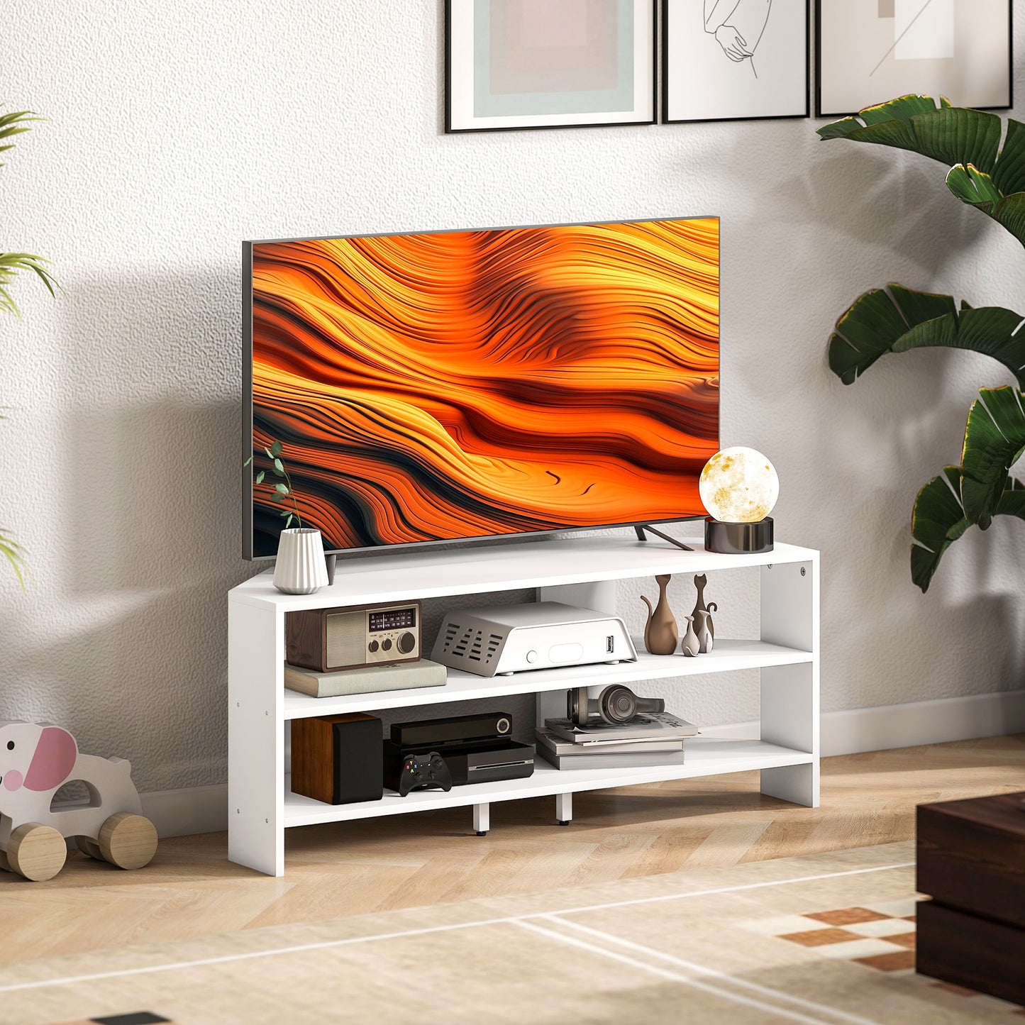 Corner TV Stand, TV Unit with Open Shelves for 47 Inch TV, White