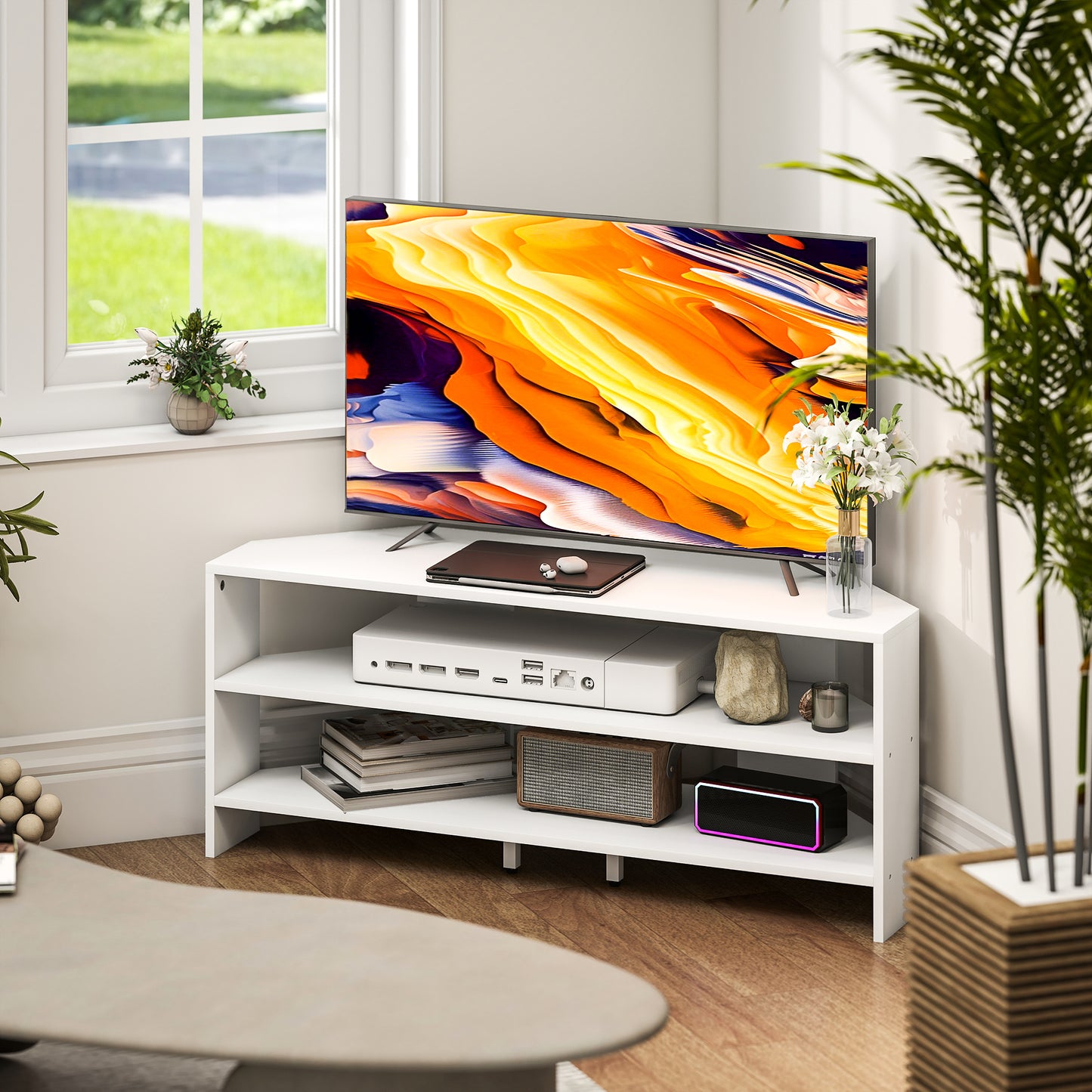 Corner TV Stand, TV Unit with Open Shelves for 47 Inch TV, White