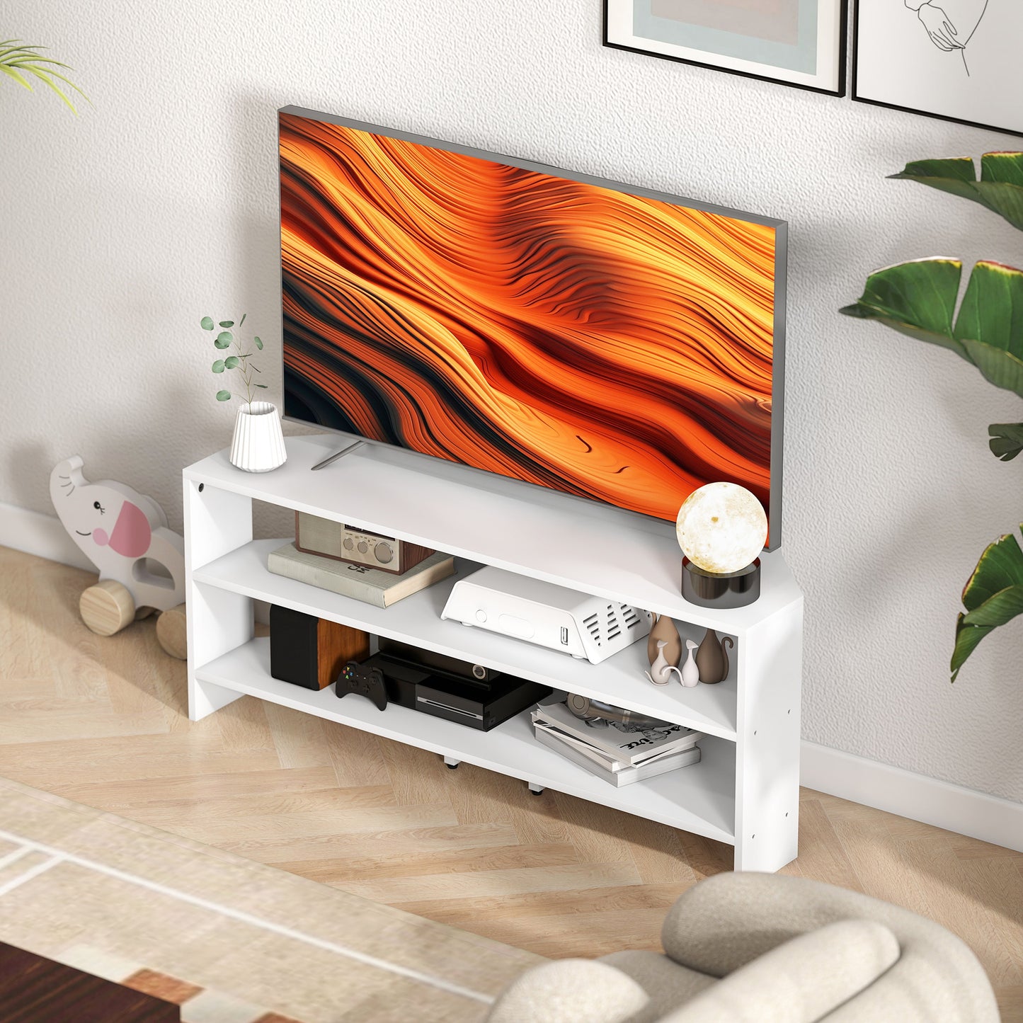 Corner TV Stand, TV Unit with Open Shelves for 47 Inch TV, White