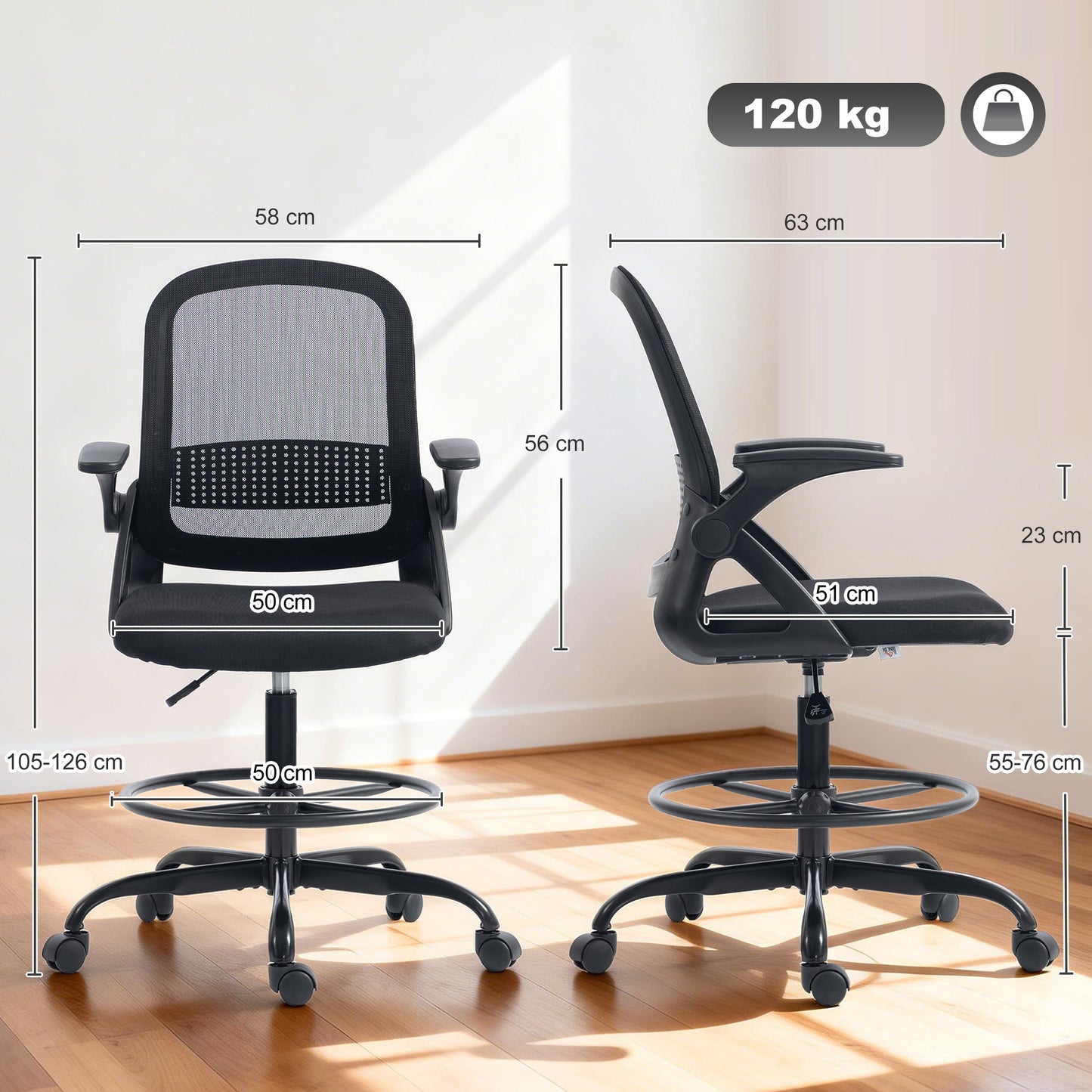 Mesh Painting Chair, Rolling Desk Chair with Flip-up Armrests, Black
