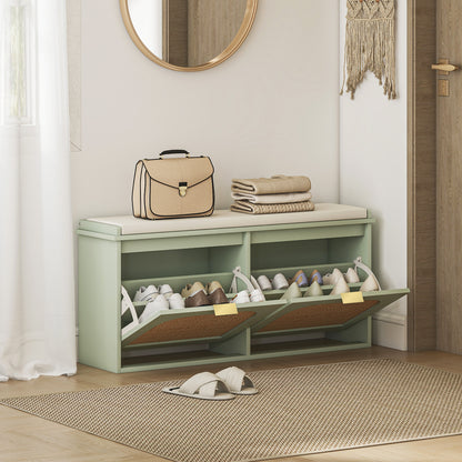 Boho Shoe Bench with Padded Seat and 2 Flip-Drawers, Light Green