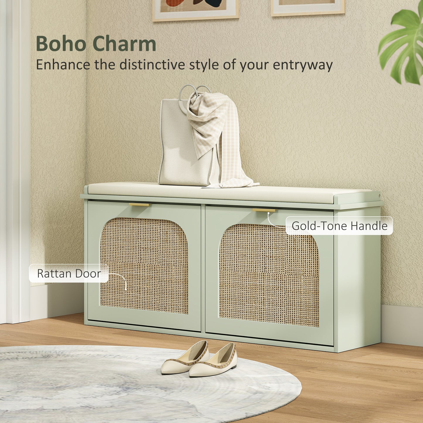 Boho Shoe Bench with Padded Seat and 2 Flip-Drawers, Light Green