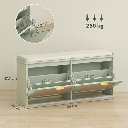 Boho Shoe Bench with Padded Seat and 2 Flip-Drawers, Light Green
