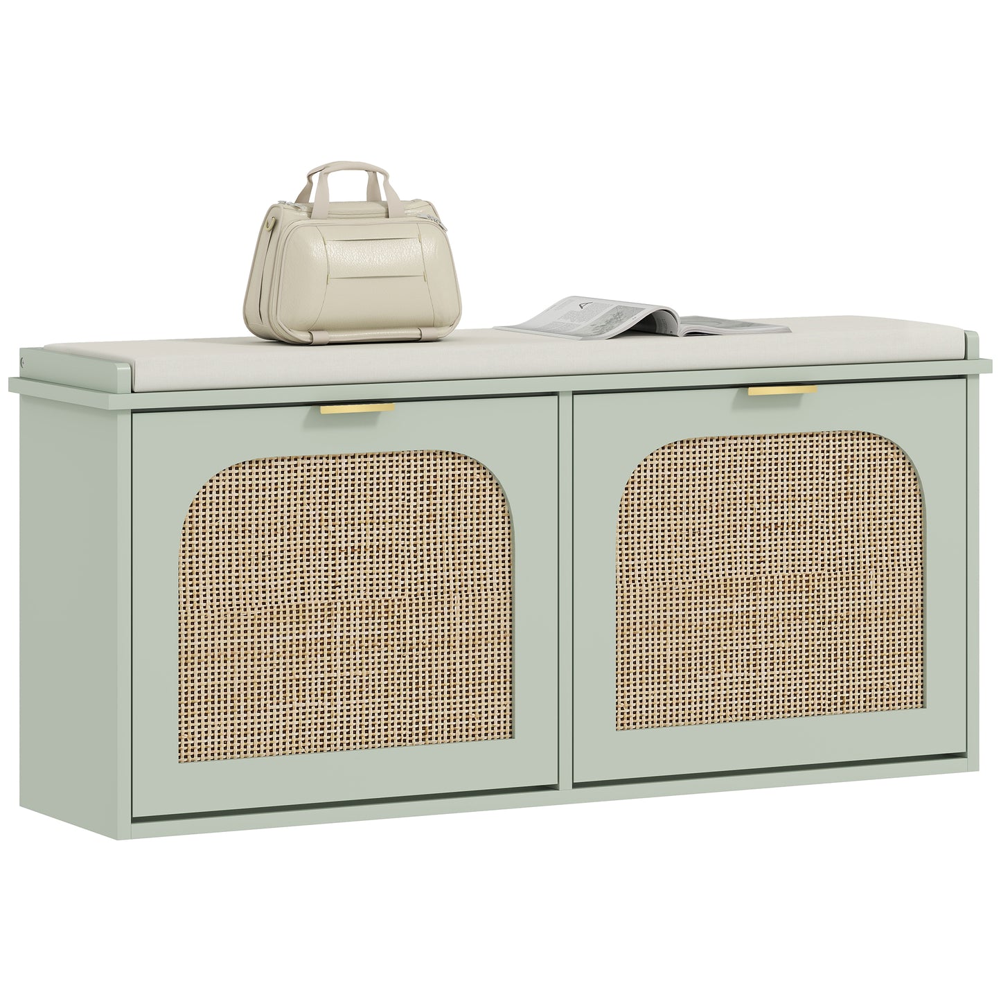 Boho Shoe Bench with Padded Seat and 2 Flip-Drawers, Light Green