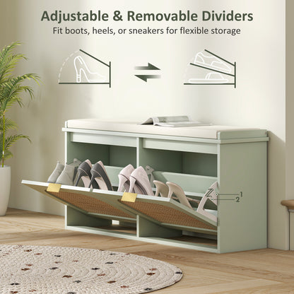 Boho Shoe Bench with Padded Seat and 2 Flip-Drawers, Light Green