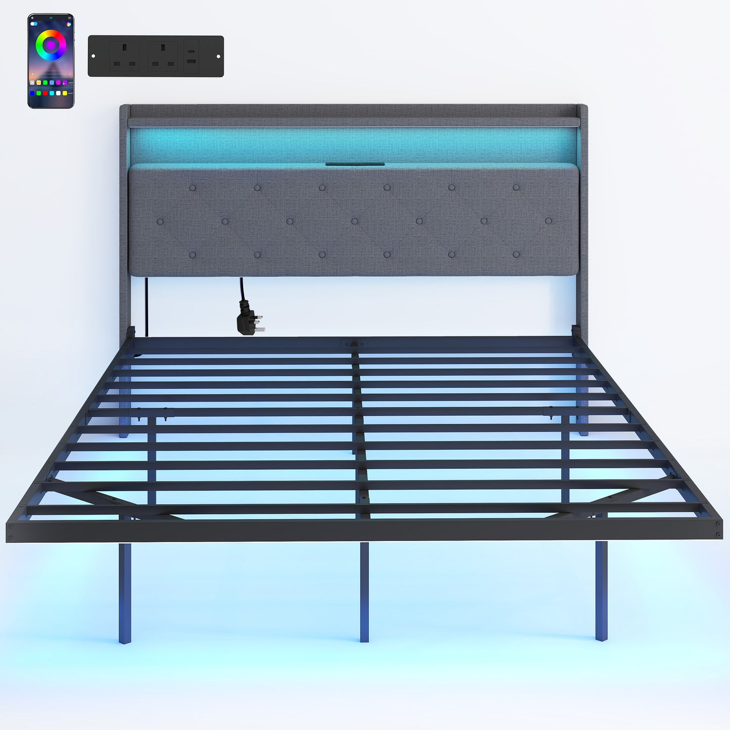 Floating Bed Frame with RGB Lights, Upholstered Double Size Bed, Grey