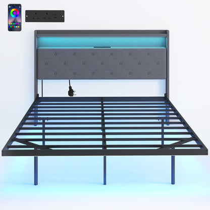 Floating Bed Frame with RGB Lights, Upholstered Double Size Bed, Grey
