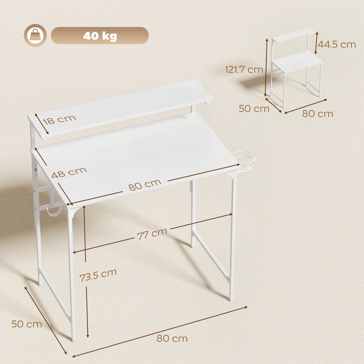 Computer Desk, 80cm Home Office Study Table with Hutch Shelf, White
