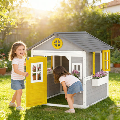 Wooden Playhouse for Kids Outdoor Wendy House with Doors, Windows, Plant Pots, Boxes, for 3-8 Years - Grey