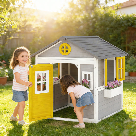 Wooden Playhouse for Kids Outdoor Wendy House with Doors, Windows, Plant Pots, Boxes, for 3-8 Years - Grey