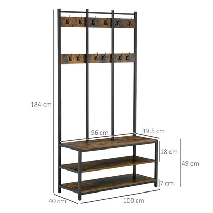 Entryway Coat Rack Hall Tree Shoe Bench 3 in 1 Design Metal Storage Rack