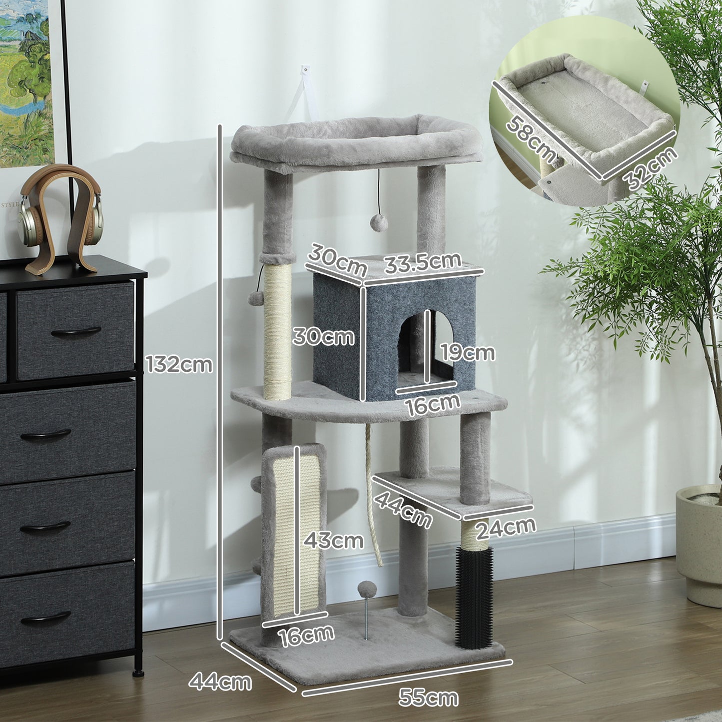 132cm Cat Tree for Indoor Cats w/ Scratching Posts, Light Grey