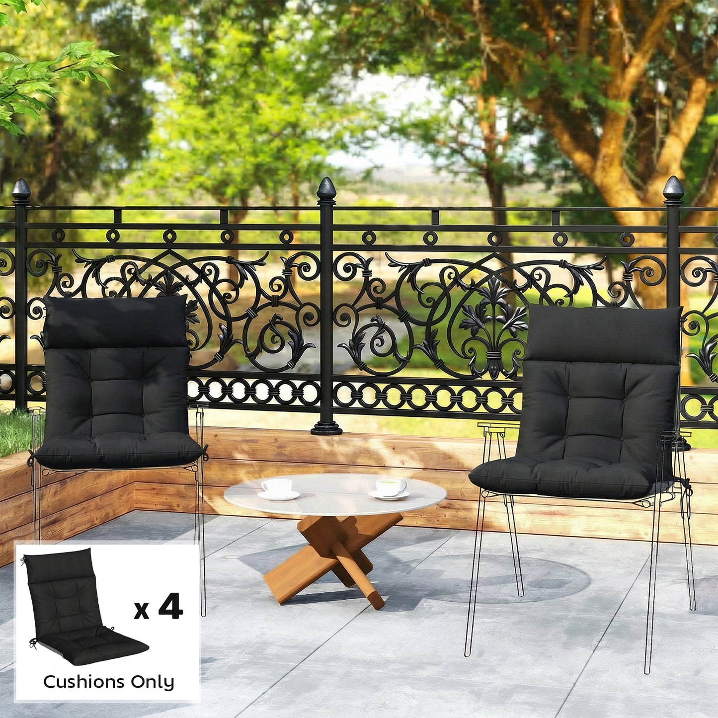 Garden Chair Cushions Set of 4, Waterproof Seat Pads, Black