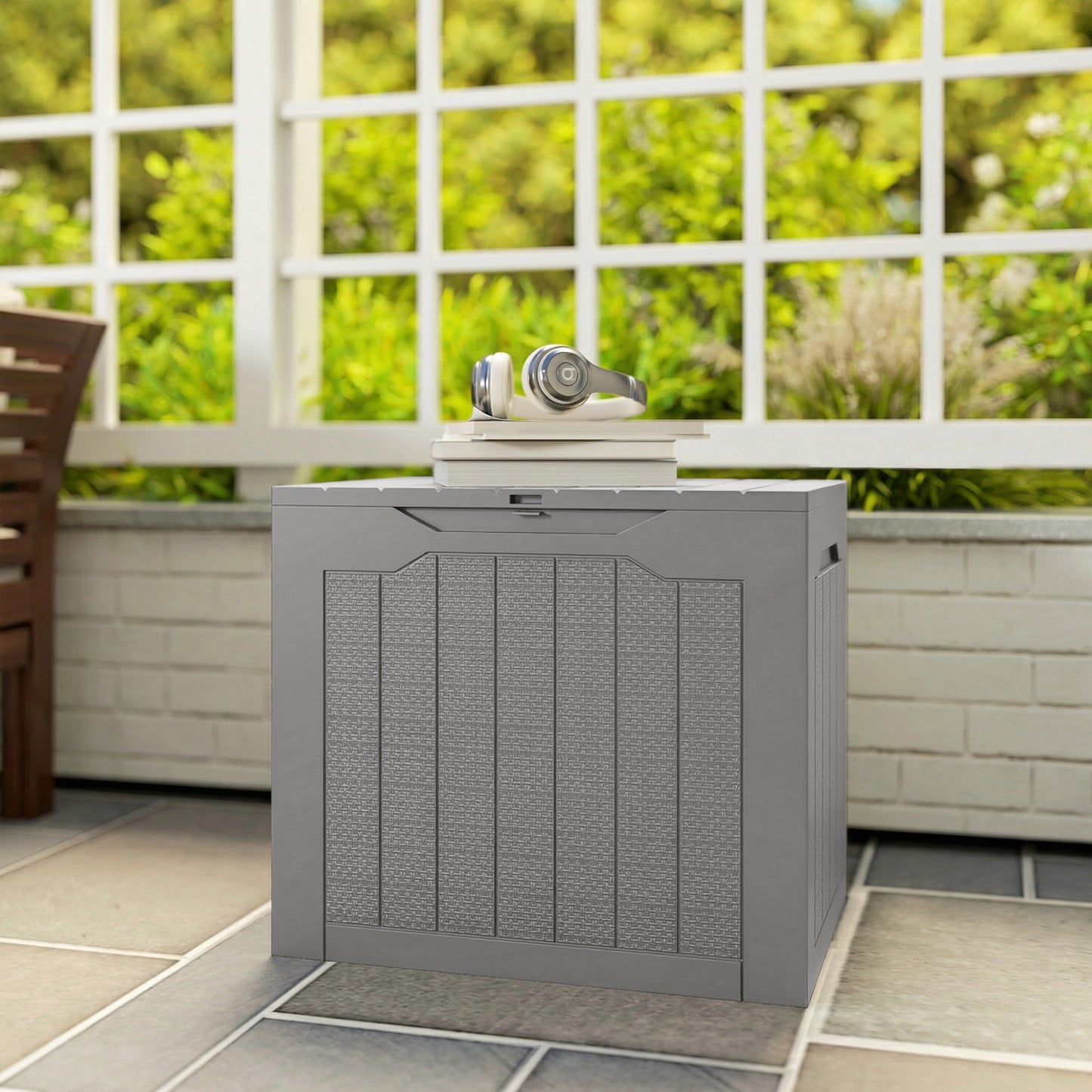 93L Plastic Garden Storage Box, Storage Container w/ Handles Khaki