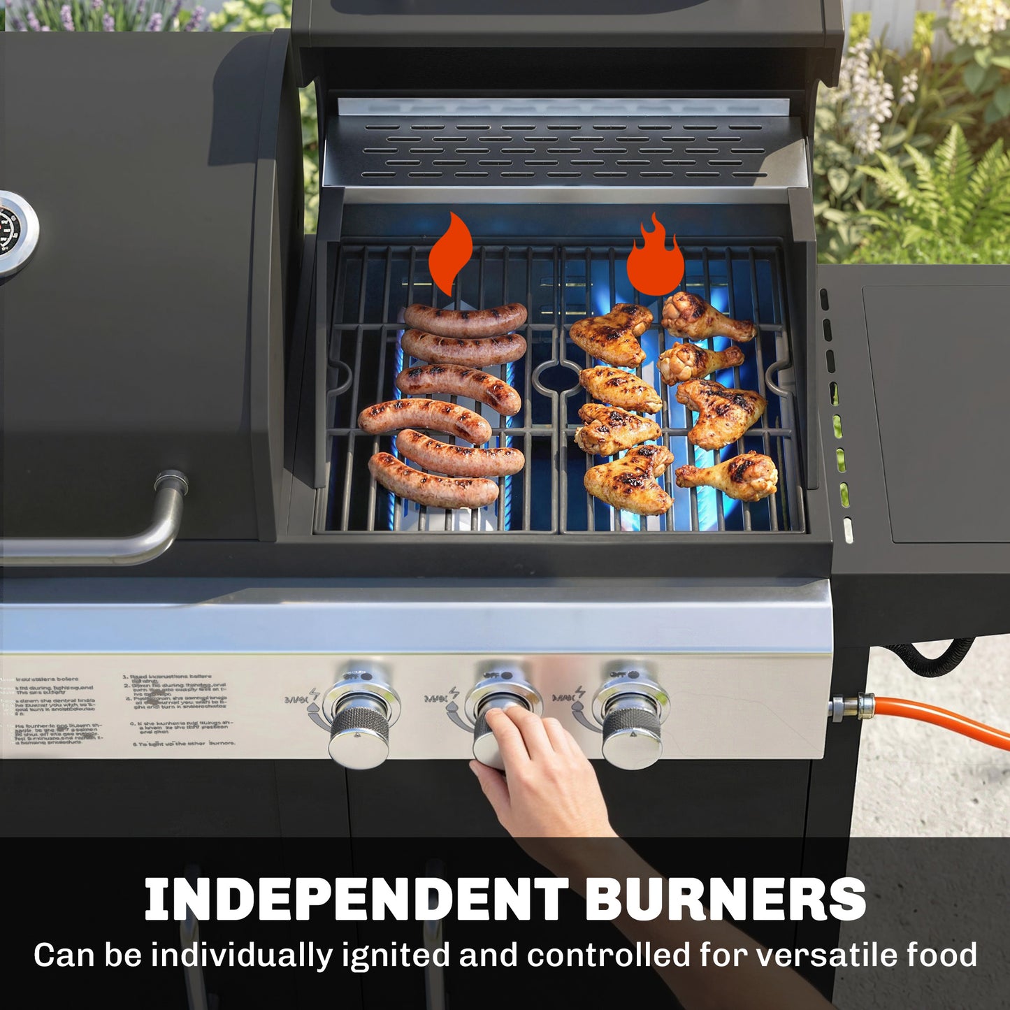 3 Burner Hybrid Dual Fuel BBQ Gas Grill with Side Burner, Black