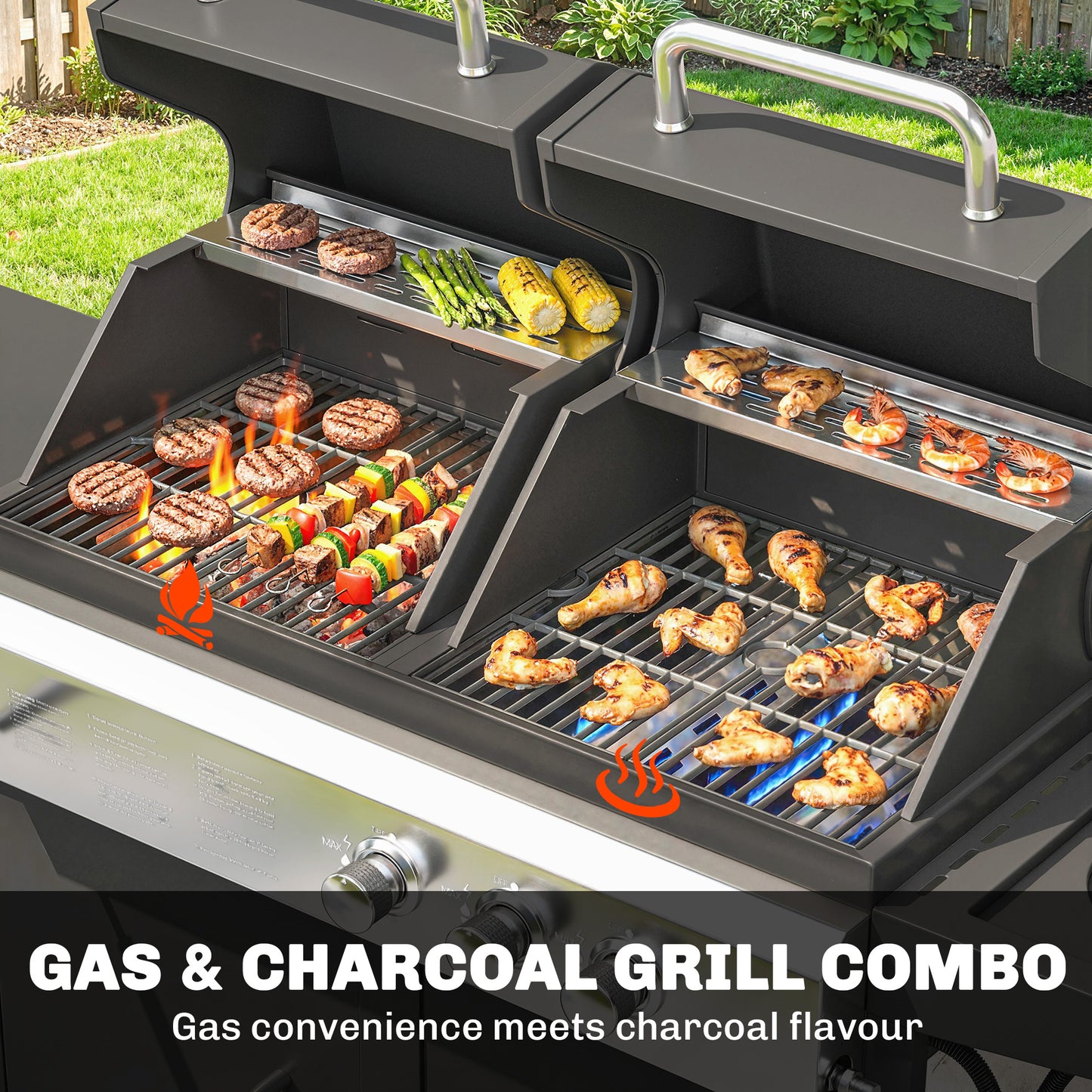 3 Burner Hybrid Dual Fuel BBQ Gas Grill with Side Burner, Black