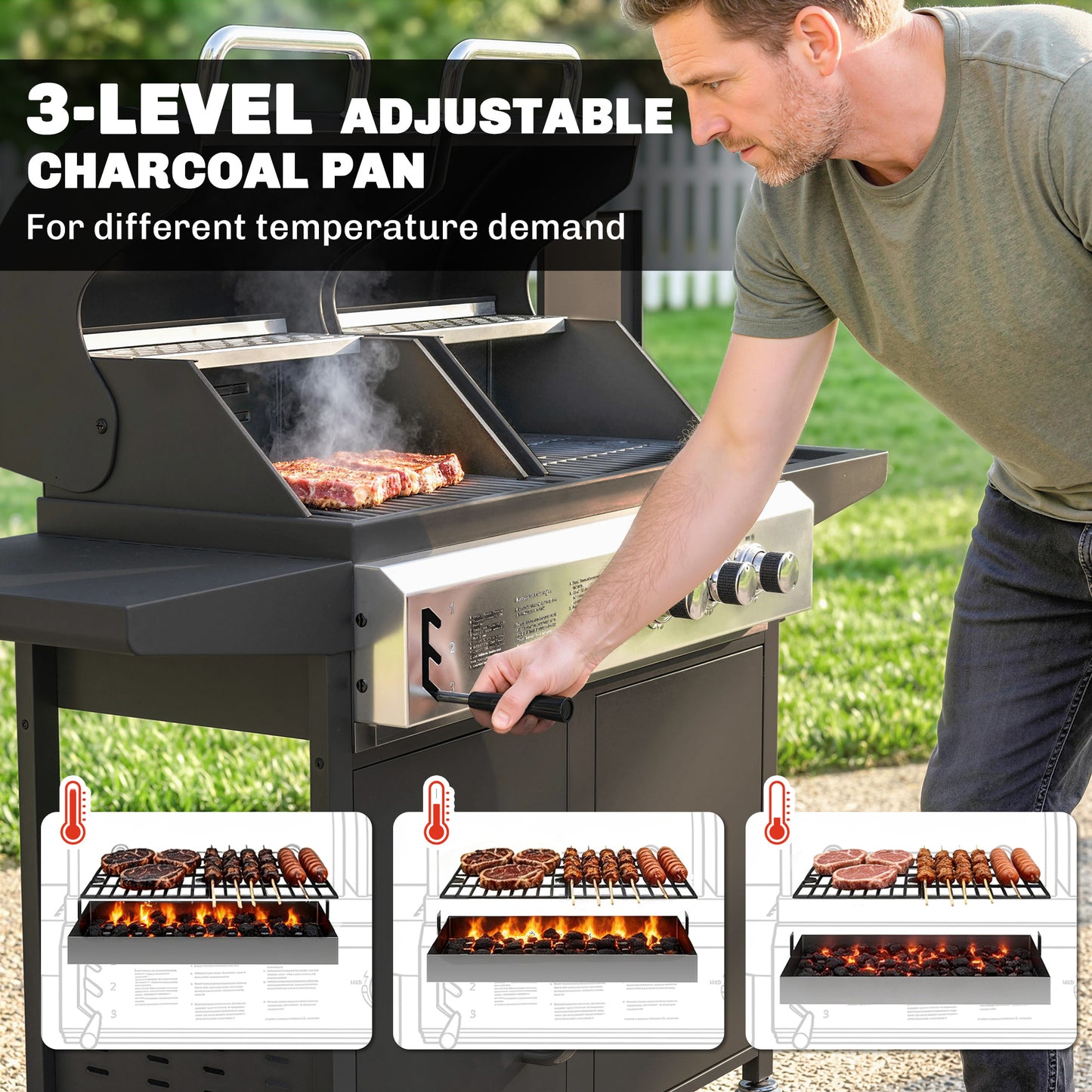 3 Burner Hybrid Dual Fuel BBQ Gas Grill with Side Burner, Black