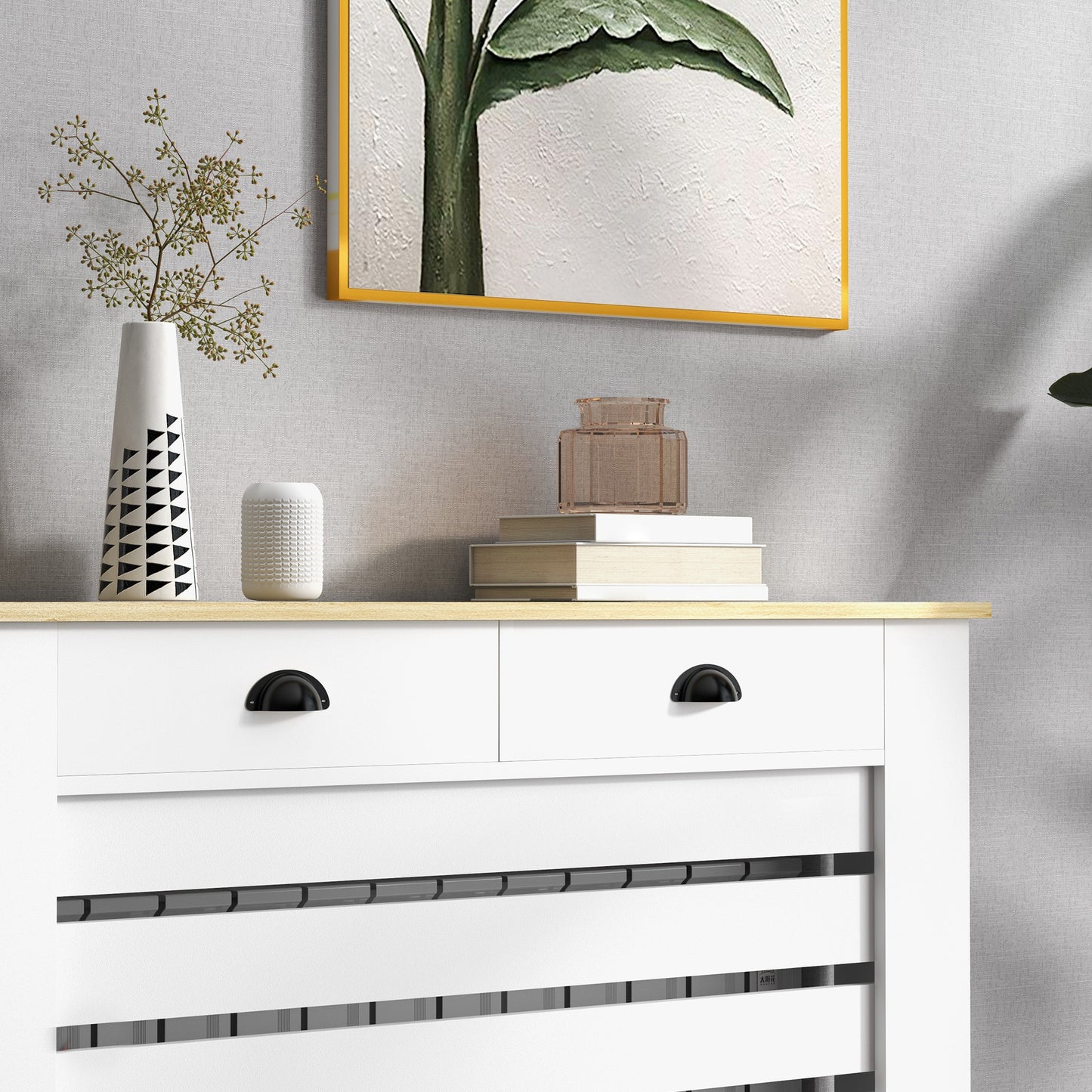 Radiator Cover with Drawer, Horizontal Slat, 111cm, White