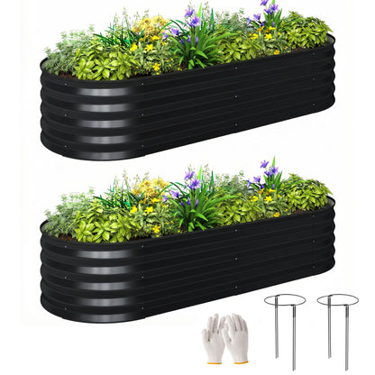 Set of 2 Raised Beds for Garden with Metal Plant Stakes, Dark Grey