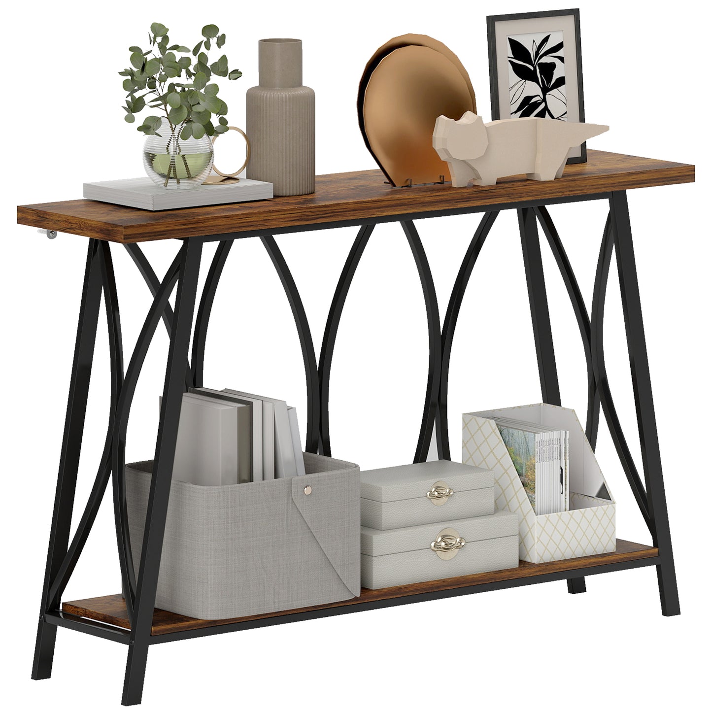 Console Table, Industrial Narrow Sofa Table with 2 Tiers, Metal Frame