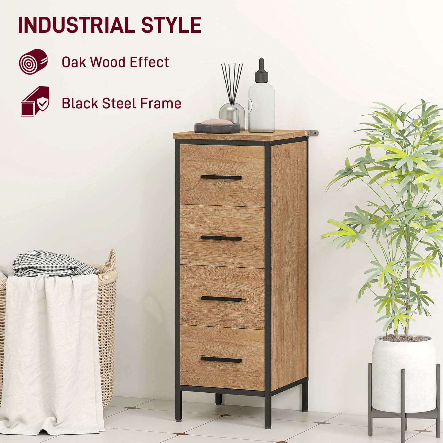 Narrow Bathroom Storage Cabinet with 4 Drawers for Small Spaces, Oak