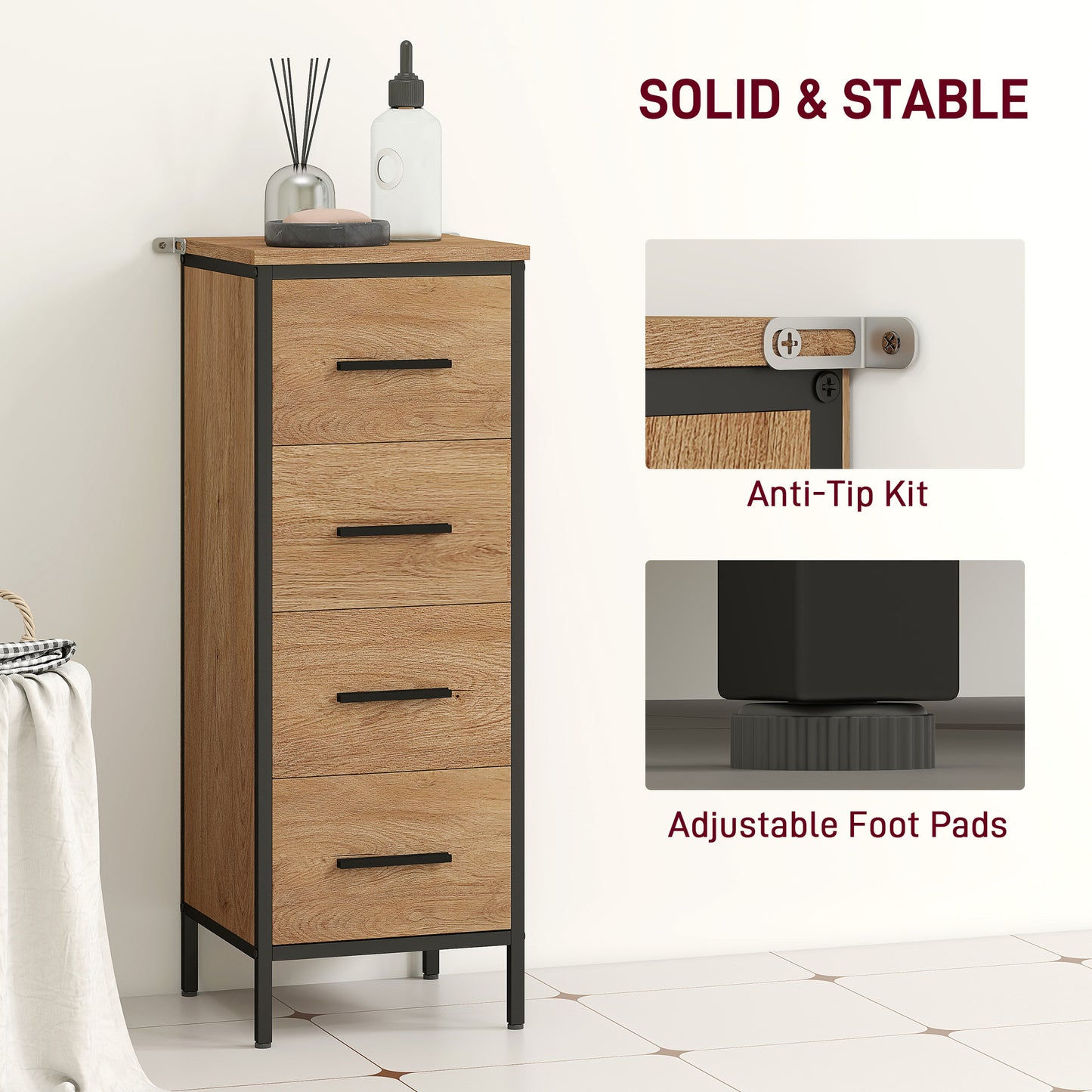 Narrow Bathroom Storage Cabinet with 4 Drawers for Small Spaces, Oak