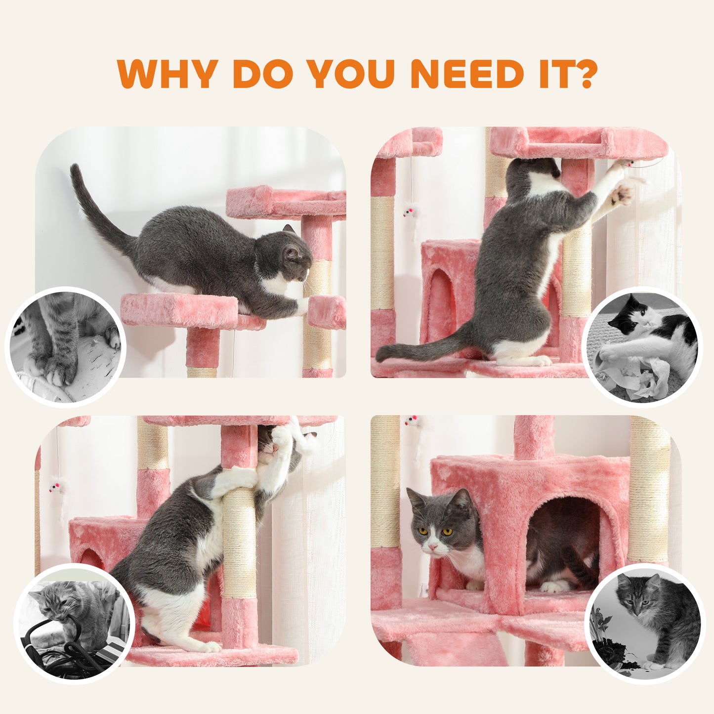 173cm Cat Tower Scratching Post Activity Centre for Indoor Pink