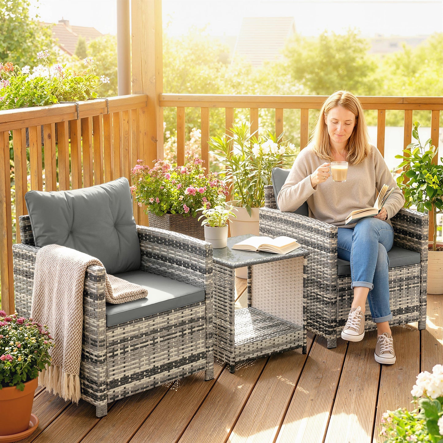 Rattan Garden Furniture Bistro Set with Cushion, Mixed Grey