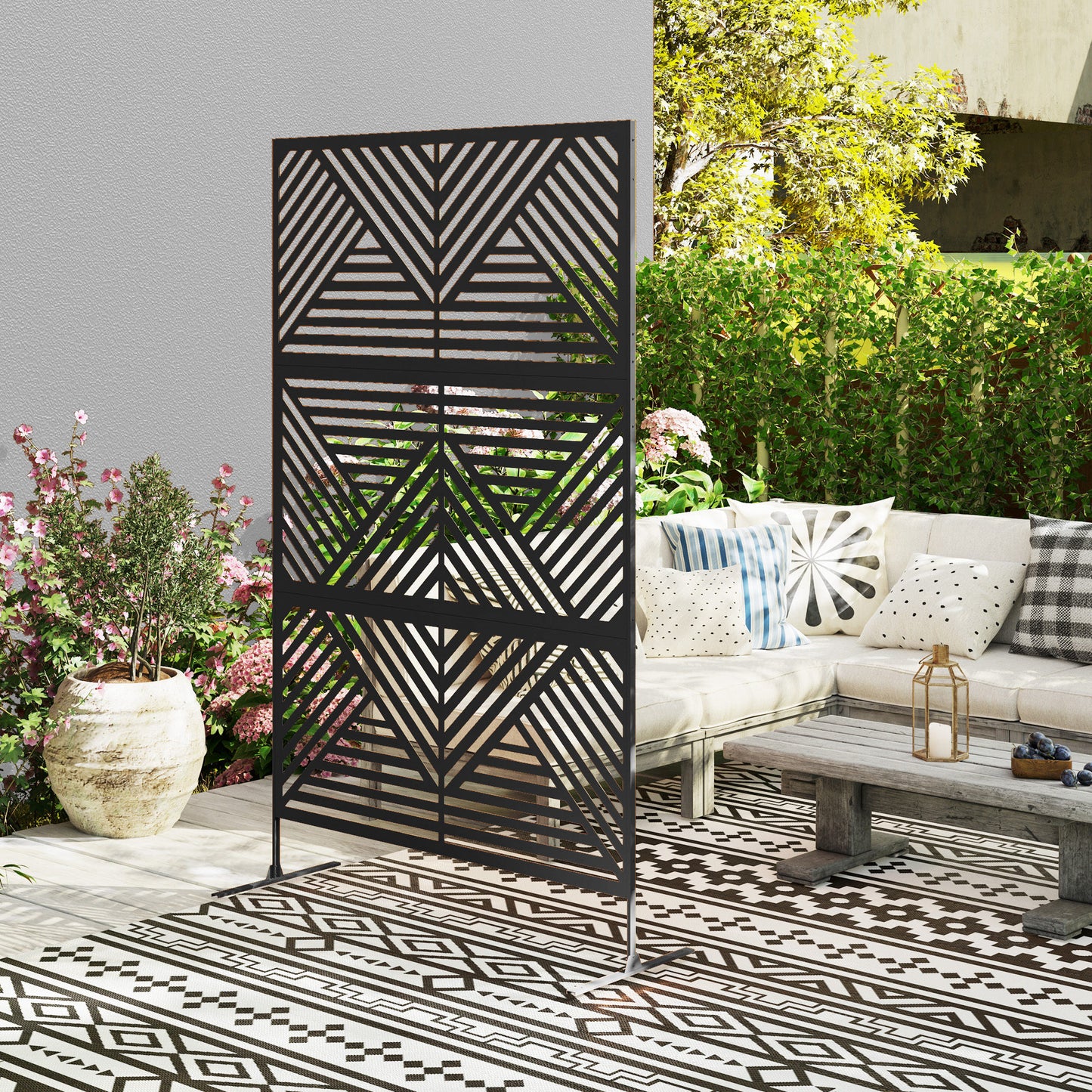 Decorative Outdoor Divider Privacy Panel with Stand, Rhombus Black
