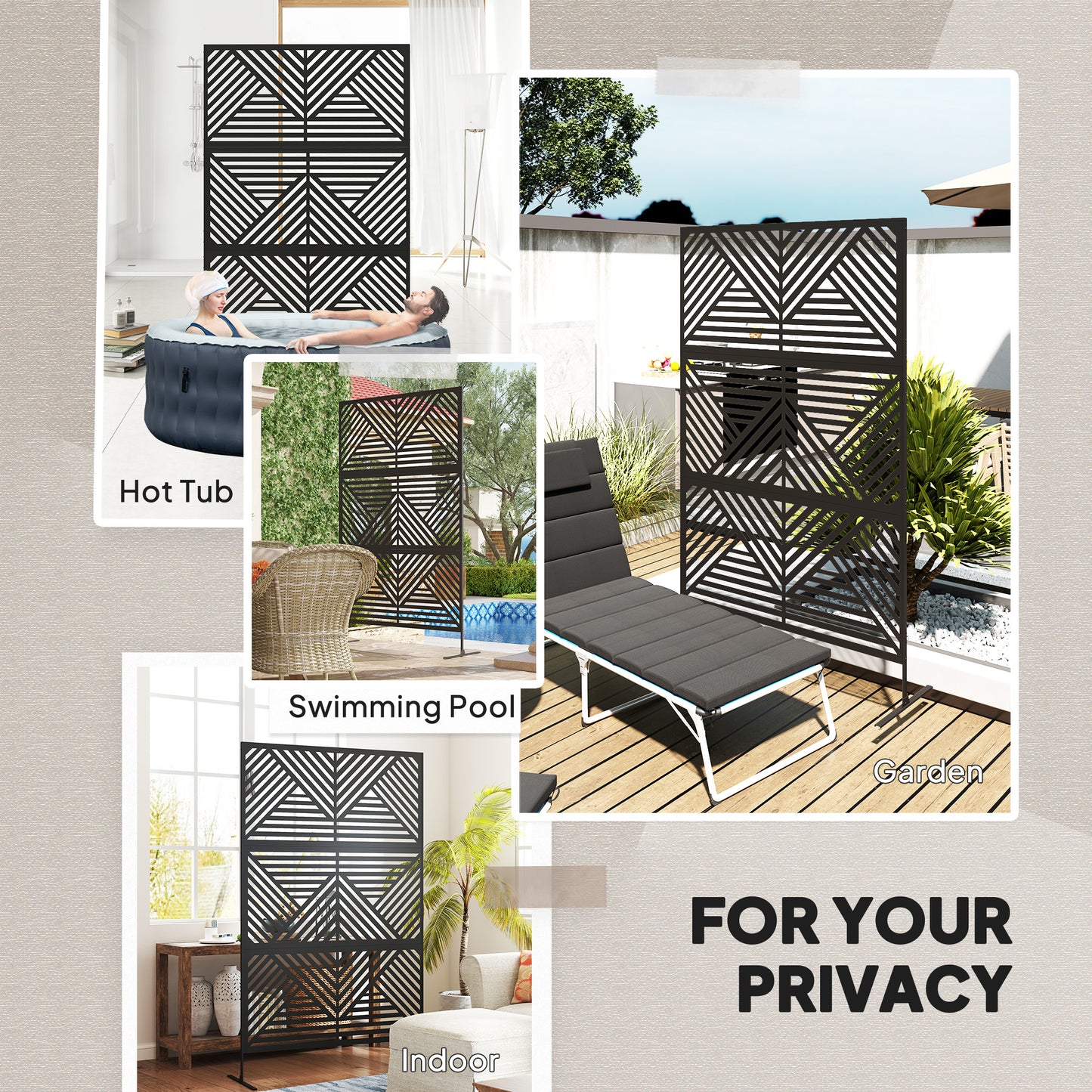 Decorative Outdoor Divider Privacy Panel with Stand, Rhombus Black