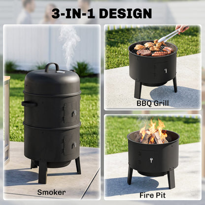3-in-1 Vertical Charcoal Smoker with 2 Grill Grates, Thermometer