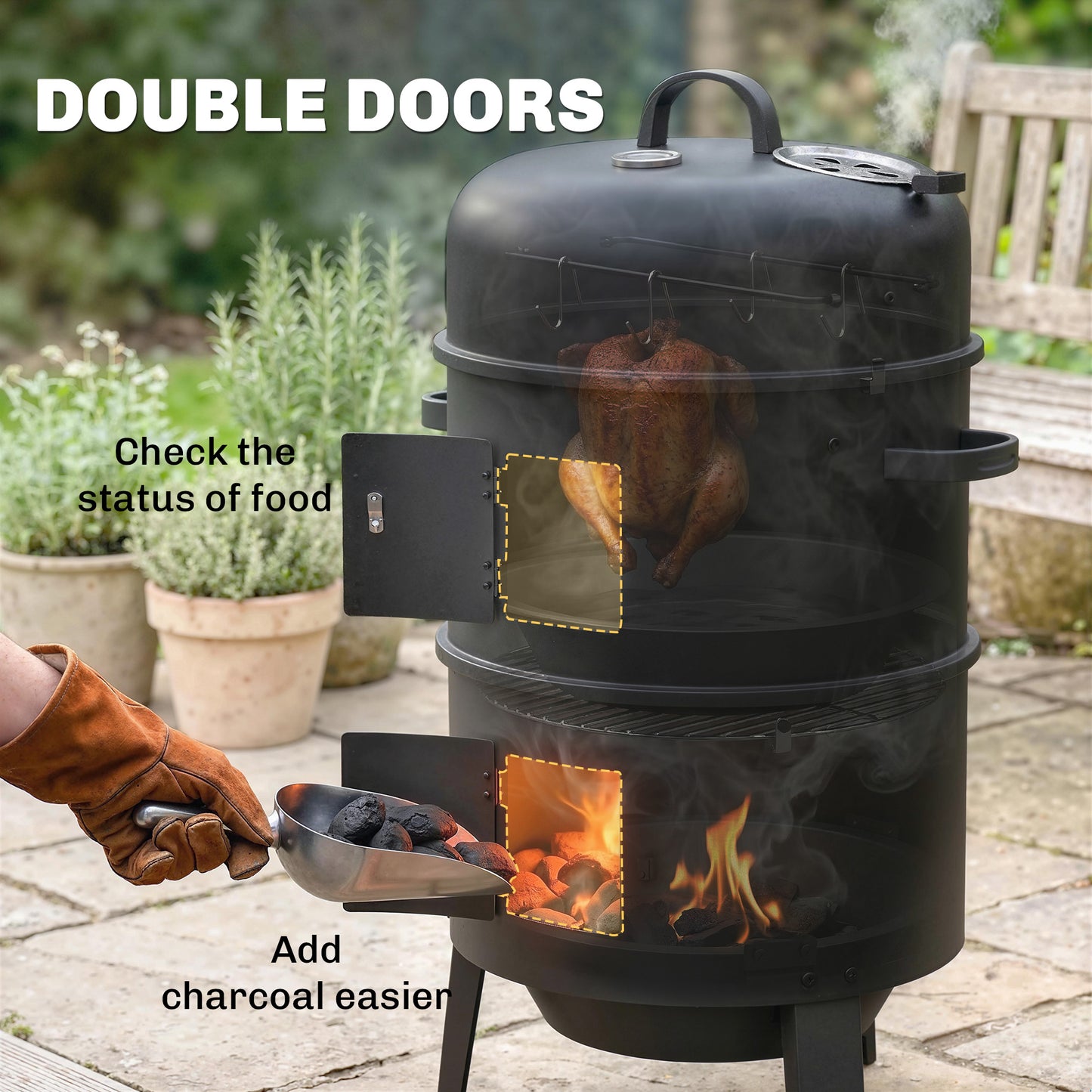 3-in-1 Vertical Charcoal Smoker with 2 Grill Grates, Thermometer