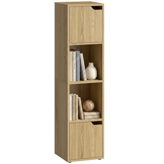 Bookcase with 2 Cabinets and Doors, 4-Tier Bookshelf, Storage Cabinet with Open Shelves and Anti-Tipping Design, for Living Room, Bedroom, Home Office, Oak