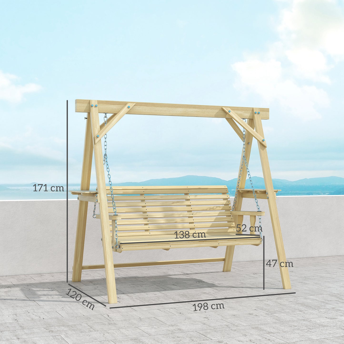 3 Seater Wooden Garden Swing Chair with Side Tables
