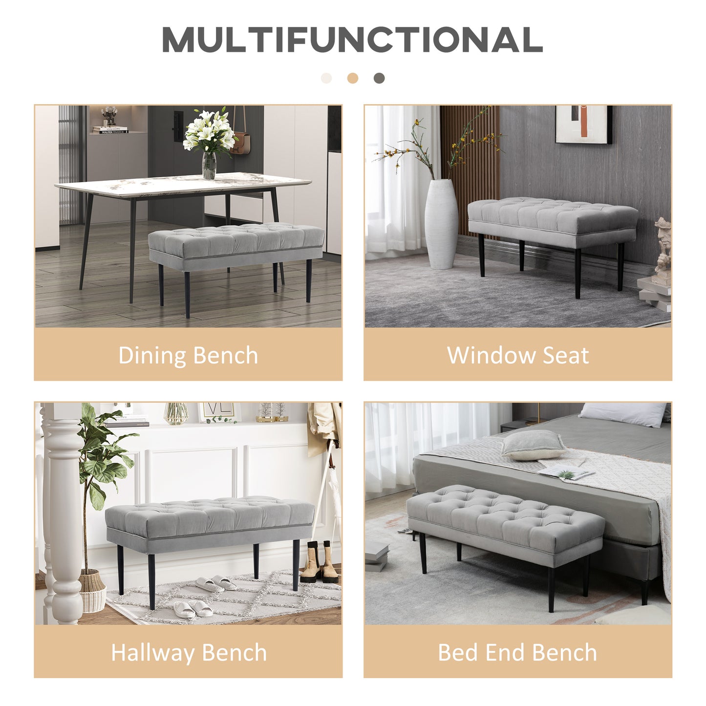 Bed End Bench Button Tufted Upholstered Window Seat for Living Room Grey