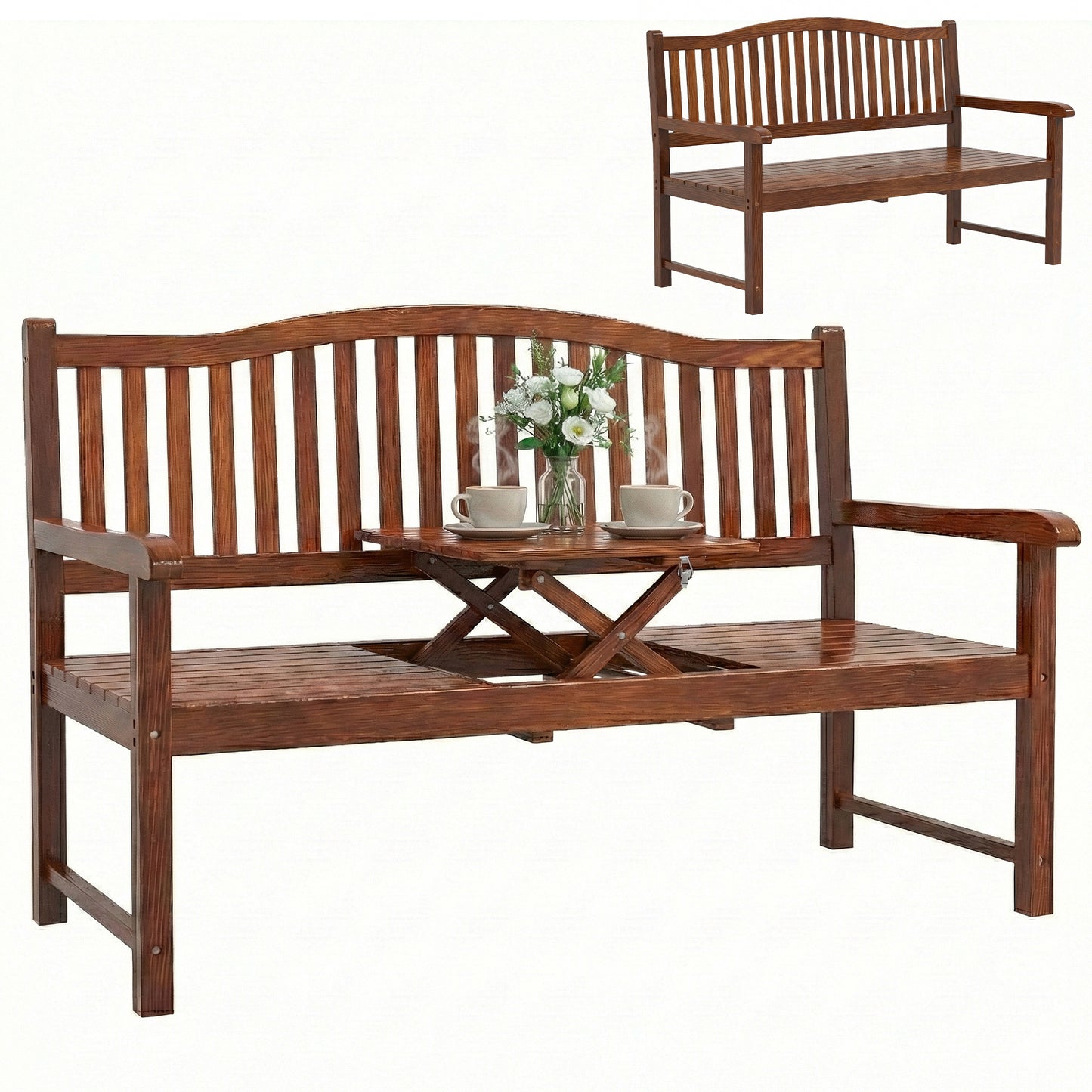 Wood Garden Loveseat Bench with Liftable Table, Cover, Light Brown