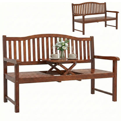Wood Garden Loveseat Bench with Liftable Table, Cover, Light Brown