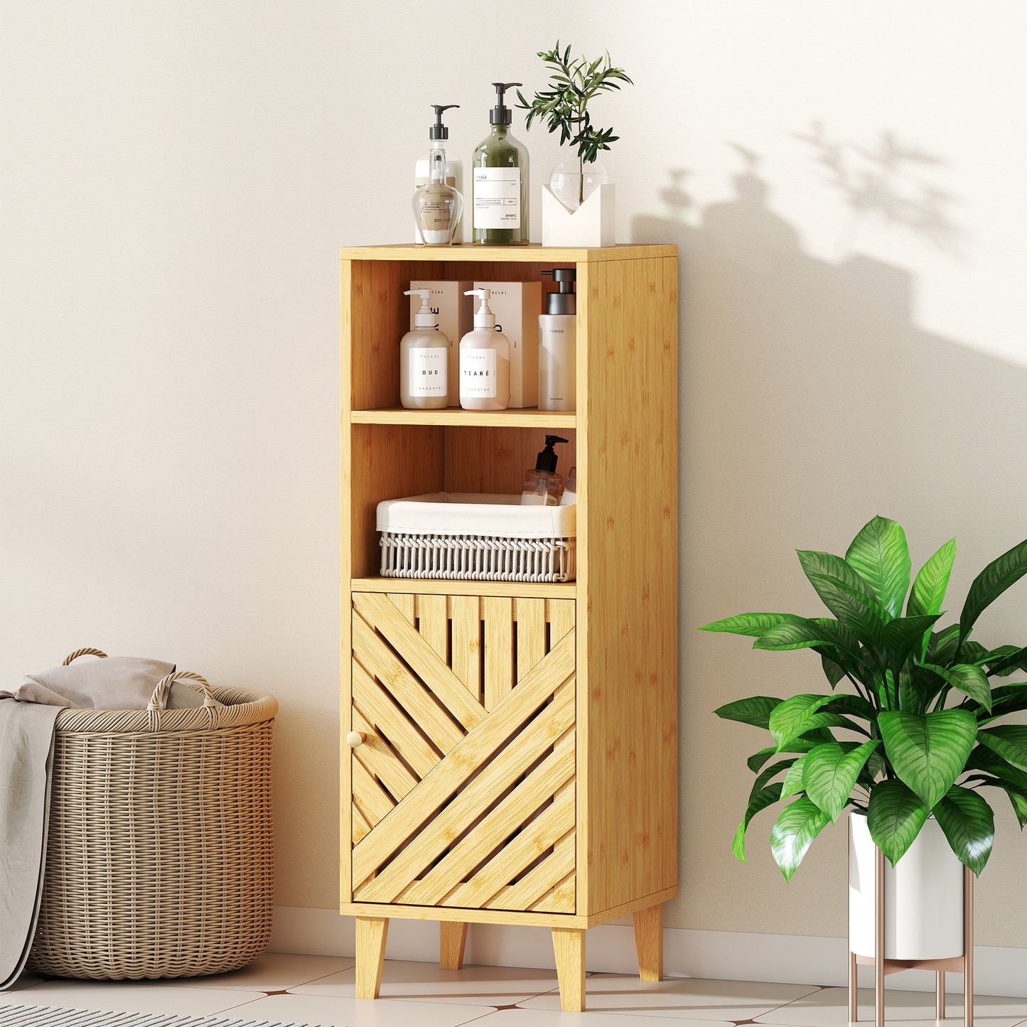 Narrow Bathroom Storage Cabinet with Open Compartments, Natural