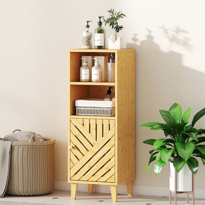 Narrow Bathroom Storage Cabinet with Open Compartments, Natural